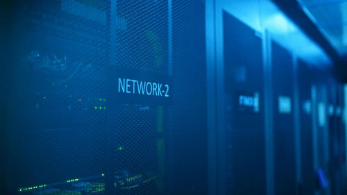 Close up of a server cabinet with NETWORK-2 label on it
